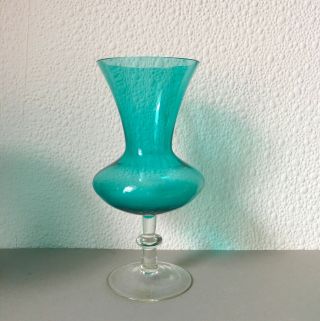 Vintage Empoli Turquoise Glass Vase.  Teal Pedestal Vase,  Italy Mid Century 2