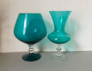 Vintage Empoli Turquoise Glass Vase.  Teal Pedestal Vase,  Italy Mid Century 3