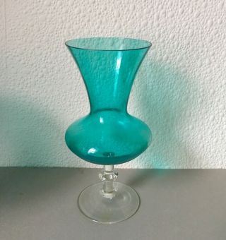 Vintage Empoli Turquoise Glass Vase.  Teal Pedestal Vase,  Italy Mid Century 4