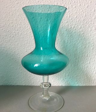 Vintage Empoli Turquoise Glass Vase.  Teal Pedestal Vase,  Italy Mid Century 5