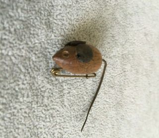 Vintage Wooden Mouse Brooch With Leather Ears And Leather Tail Solid Wood Body