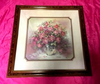 Vintage Home Interiors Framed Large Pink Roses Flower Vase Picture / Print