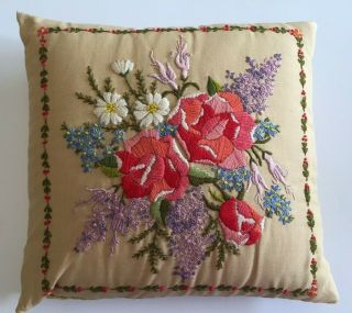 Vintage Crewel Embroidered Handmade Throw Pillow Floral Roses 14 " Linen Fabric