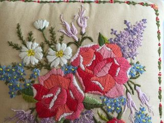 Vintage Crewel Embroidered Handmade Throw Pillow Floral Roses 14 