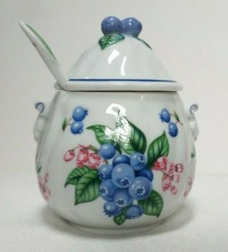 Vintage 1991 Lenox Orchard Fine Porcelain " Blueberry " Jam Jelly Jar With Spoon