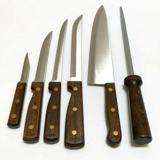 Vtg Old Homestead Wood Handle Knife Set 5 Knives Sharpener Cutlery Japan