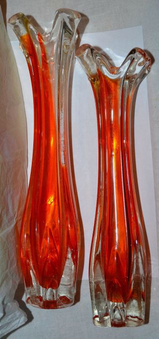 Vintage Orange Ribbed Stretch Swung Art Glass Viking Bud Vase Mod,  Euc