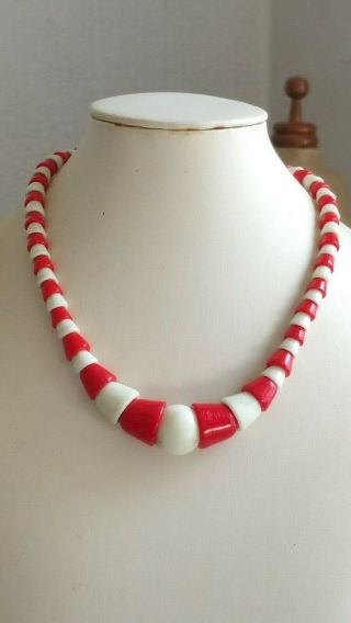 Czech Vintage Art Deco Girls Red And Cream Glass Bead Necklace