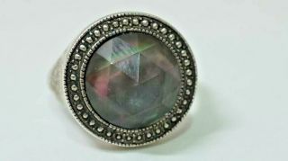 H276 Bold Vintage Sterling & Abalone Ring With Faceted Dome Overlay Size: 8.  5