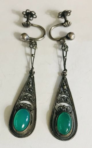 Very Vtg 800 Silver Screw Back Filigree Dangle Earrings Green Gemstone Jade??