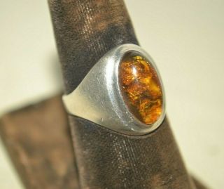 Antique/vtg Sz - 7.  5 Sterling Silver Ring - Amber - Signed " V - B " - Unisex