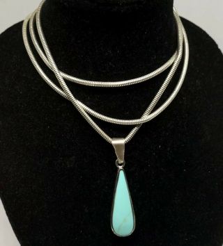 Vintage Ati Sterling Silver Turquoise Drop Pendant 22” Italy Rope Necklace