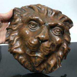 Vintage Large Fierce Lion Head Face Hammered Bronze Art Statue Sculpture Mask
