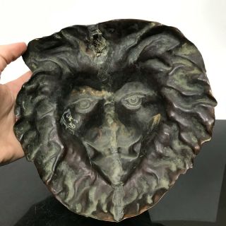 Vintage LARGE Fierce Lion Head Face Hammered Bronze Art Statue Sculpture Mask 3