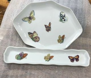 Vintage Set Of Limoges France Butterfly Porcelain Dish Trinket Dresser Pin Tray
