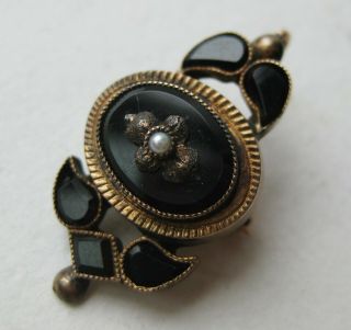 Antique Victorian 14k Gold Onyx Seed Pearl Brooch Pin Mourning Necklace Pendant