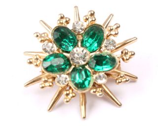 Gold Tone Star Brooch With Clear And Green Rhinestones,  Vintage 1950s