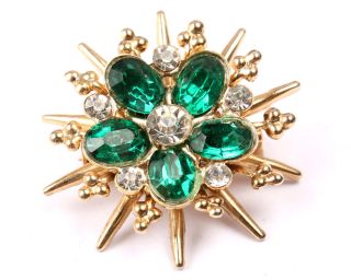 Gold Tone Star Brooch with Clear and Green Rhinestones,  Vintage 1950s 2