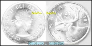 Canada 1959 Canadian Caribou Queen Elizabeth 25 Cent Vintage Silver Coin Aunc