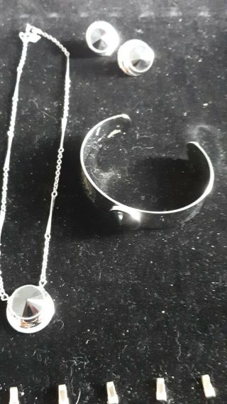 Signed Sarah Cov Vintage Silver Tone Black Necklace & Bracelet Earrings Set