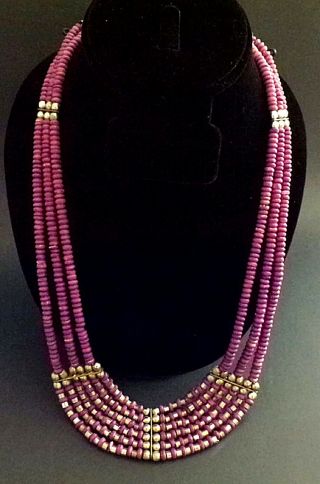 Multi Strand Beaded Necklace Purple Wood And Silver Tone Beads Vintage Ethnic
