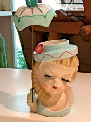 Napco Vintage Blue Head Vase Lady with Umbrella Parasol Blonde Curls 3