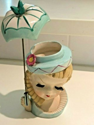 Napco Vintage Blue Head Vase Lady with Umbrella Parasol Blonde Curls 4