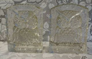 Clear Solid Glass Owl Bookends MCM Mid Century Modern Ice Sculpture Style VTG 3