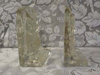 Clear Solid Glass Owl Bookends MCM Mid Century Modern Ice Sculpture Style VTG 4