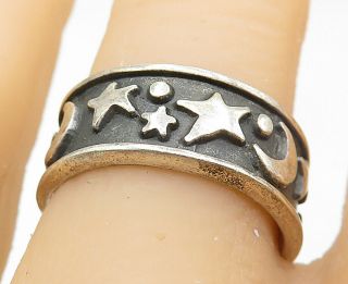 Mexico 925 Silver - Vintage Oxidized Moon & Stars Pattern Band Ring Sz 8 - R9491