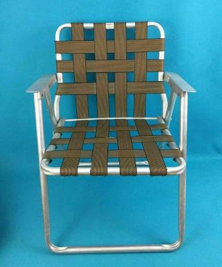 Vintage Mid Century Mcm Chair Brown Webbing Aluminum Lawn Folding Patio