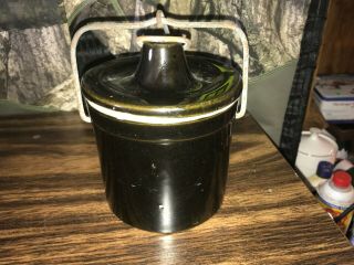 Vintage Black Stoneware Cheese Crock With Wire Bale Lid 6 Inc Tall