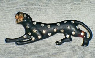 Vintage Jaguar Panther Brooch Black Enamel Clear Rhinestone Figural Jewelry