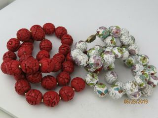 Vintage Chinese Cloisonne Enamel And Carved Cinnabar Beads 2 Necklaces