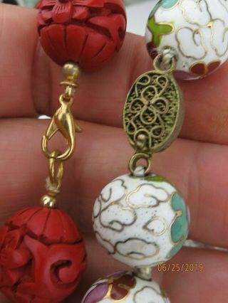 Vintage Chinese Cloisonne Enamel and Carved Cinnabar Beads 2 Necklaces 5