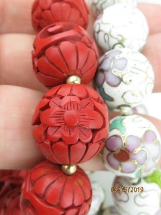 Vintage Chinese Cloisonne Enamel and Carved Cinnabar Beads 2 Necklaces 6