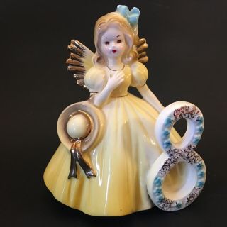 Vintage Josef Originals 8th Birthday Angel Ceramic Figurine With Tag Yellow Blue
