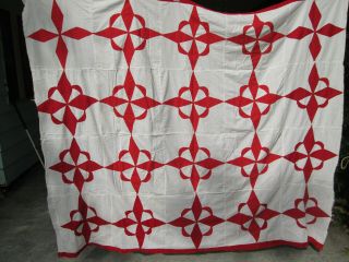 Appliqued Vintage Quilt Top - Handwork - Red On White - 78 " X 67 " - Twenty Squares