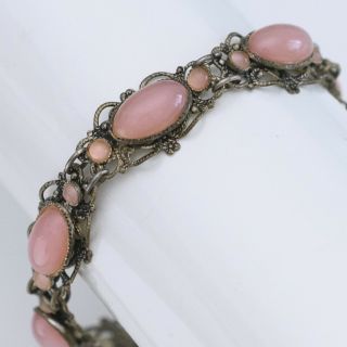 Vintage Art Deco Silver Tone Pink Glass Bracelet