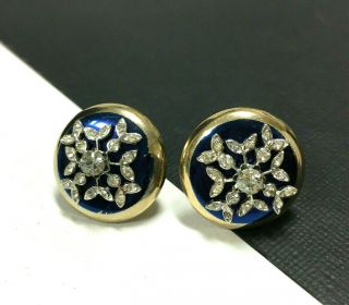 Vintage Coro Clip Earrings Blue Enamel & Rhinestone Silver & Gold Tone Ss49e