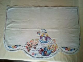 Pretty Vintage Hand Embroidered Crinoline Lady Floral Panel Picture Sofa Back