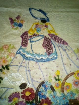 PRETTY VINTAGE HAND EMBROIDERED CRINOLINE LADY FLORAL PANEL PICTURE SOFA BACK 2