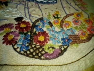 PRETTY VINTAGE HAND EMBROIDERED CRINOLINE LADY FLORAL PANEL PICTURE SOFA BACK 3