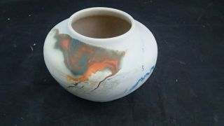 Vintage Nemadji Pottery Usa Clay Vase Earth Tones Plus Blue Orange Swirl 4 " Tall