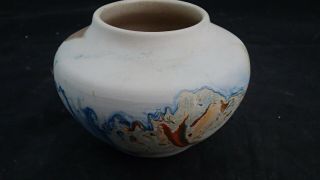 Vintage Nemadji Pottery USA Clay Vase Earth Tones Plus Blue Orange Swirl 4 