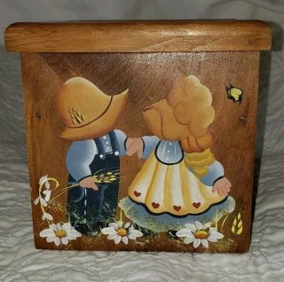 Vintage Wood Square Amish Boy Girl Kleenex Tissue Box Hanpainted