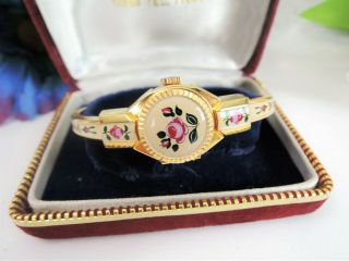 Cond Vintage Lucerne Floral Enamel Wind Up Swiss Made Bracelet Watch