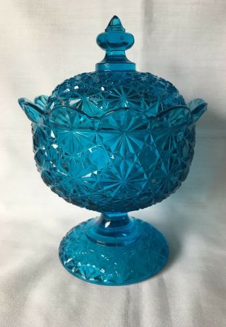 Vintage L.  E.  Smith Turquoise Blue Daisy & Button Footed And Lidded Candy Dish