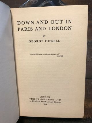 Signed: Down and Out in Paris and London GEORGE ORWELL First Printing 2
