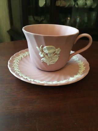 Vintage Wedgwood Pink Jasperware Cup And Saucer With Flowers